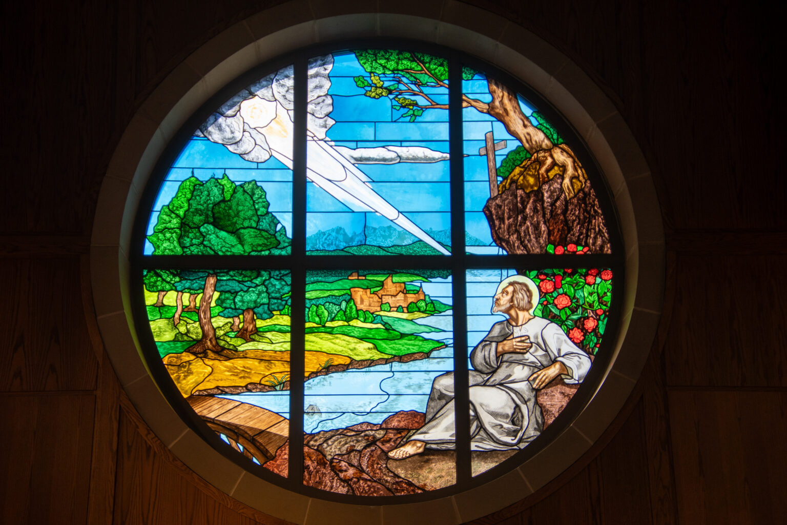 Stained glass window of St. Ignatius.