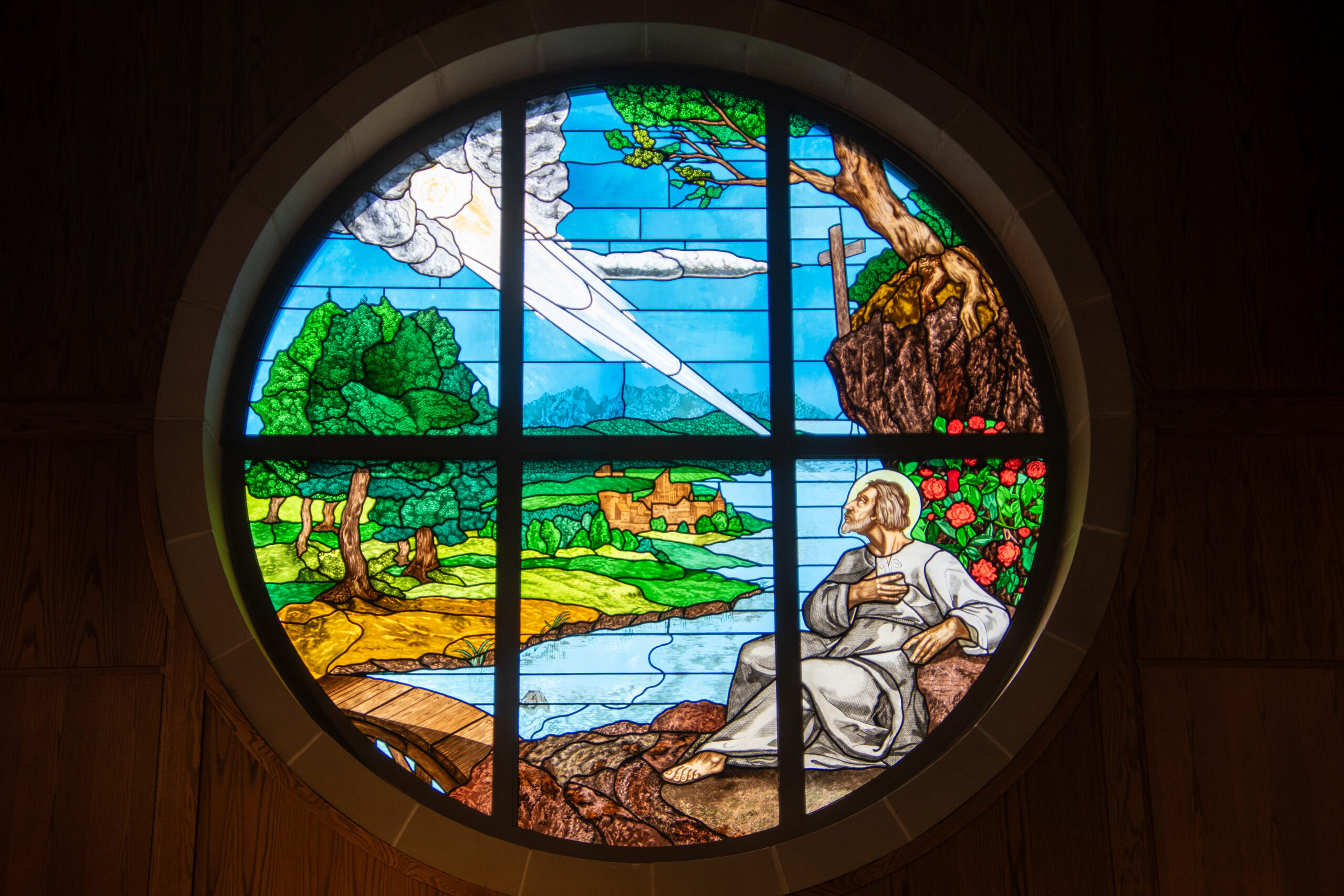 Stained glass window of St. Ignatius.