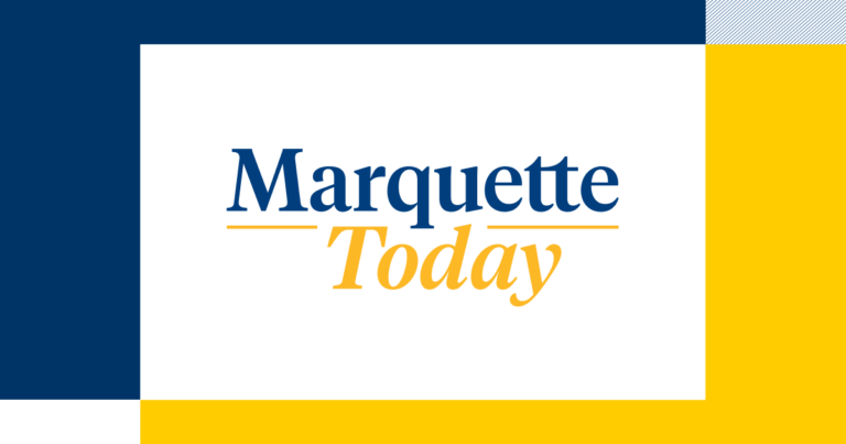 Marquette Today logo over overlapping gold and blue blocks.