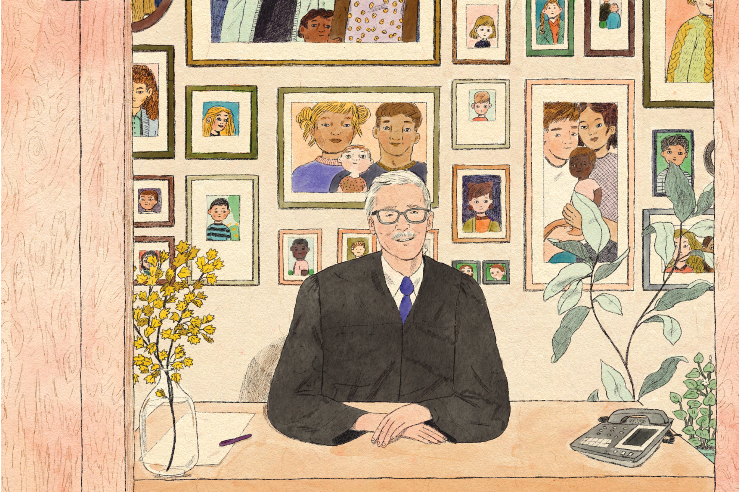 Judge Folely with adopted children illustration
