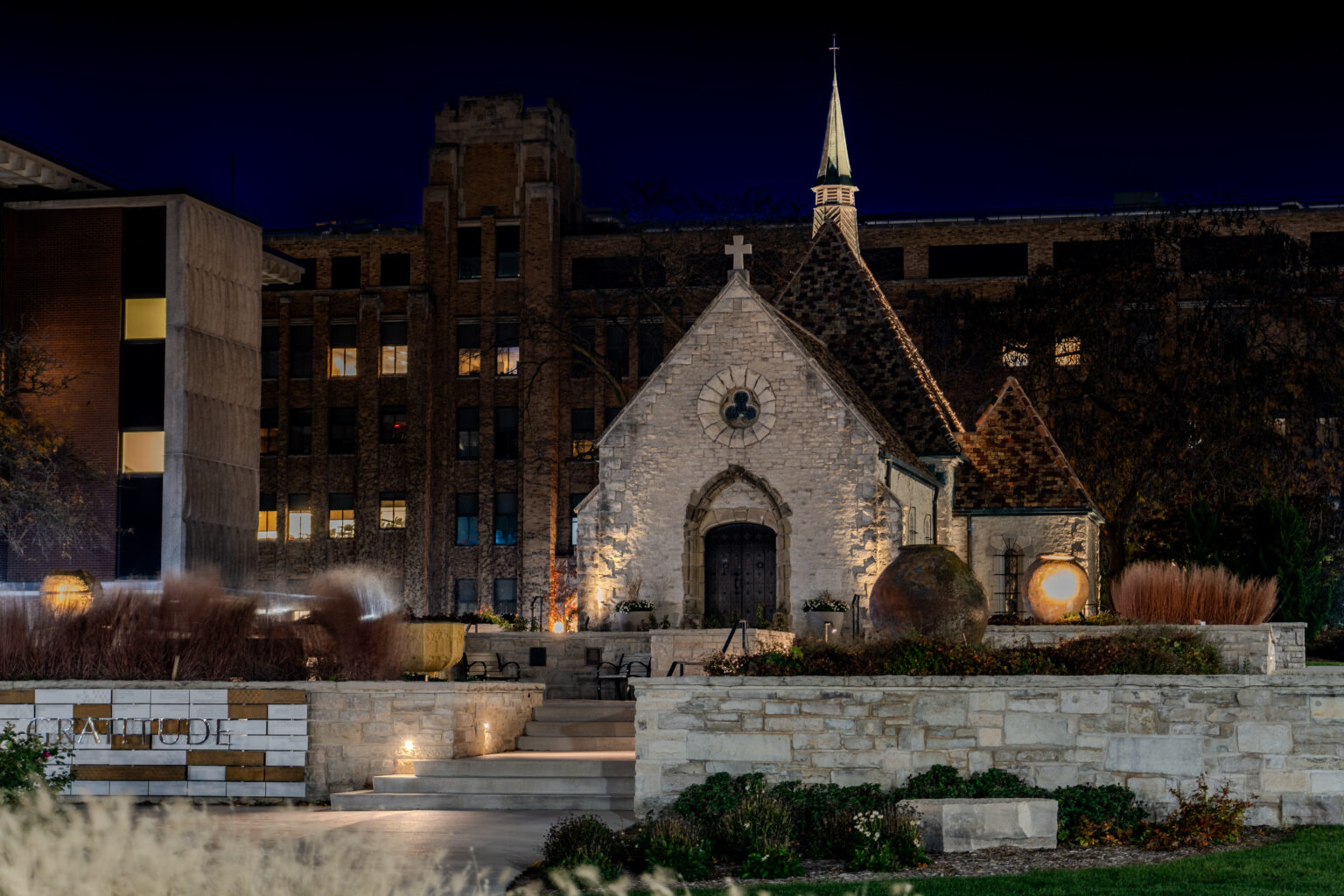 St. Joan of Arc Chapel at night.