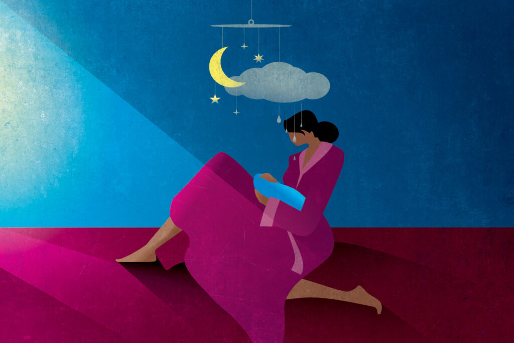 New mother cradles baby under a cloud and moon; artwork by Traci Daberko.