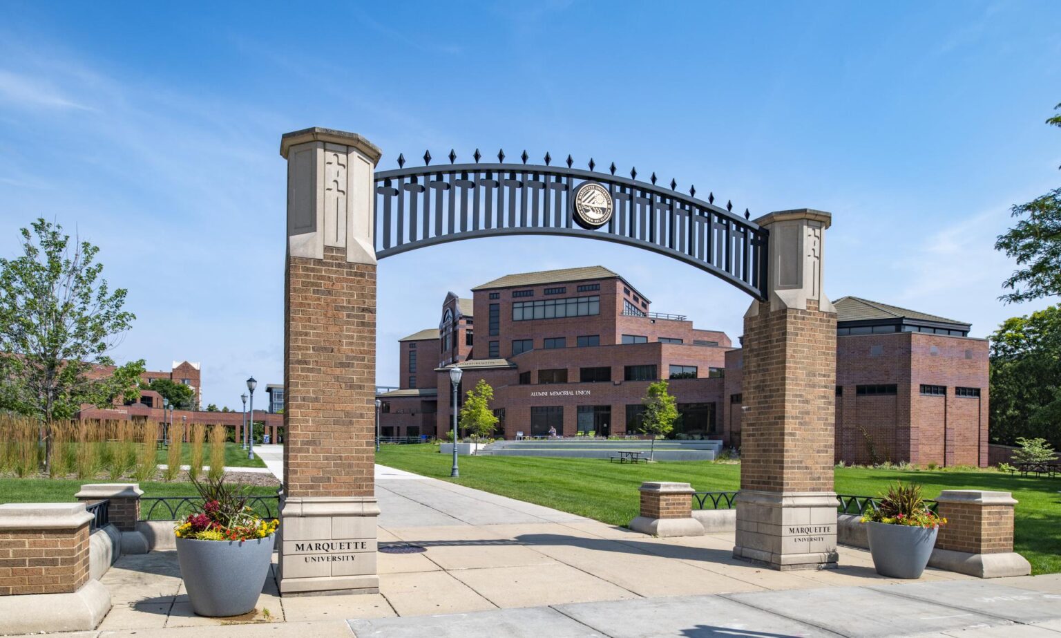 2023, AMU, alumni, memorial, building, exerior, marquette, university, campus, union, arch, seal Alumni Memorial Union AMU Alumni Memorial Union