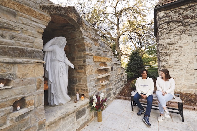 Blessed Virgin Mary Grotto, campus, sacred space, religious, sculpture, students, diversity