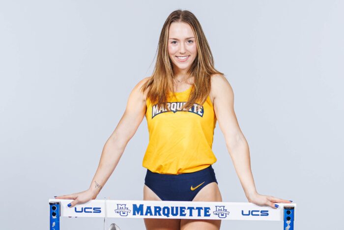 Makena Coltoff poses in her track and field uniform.