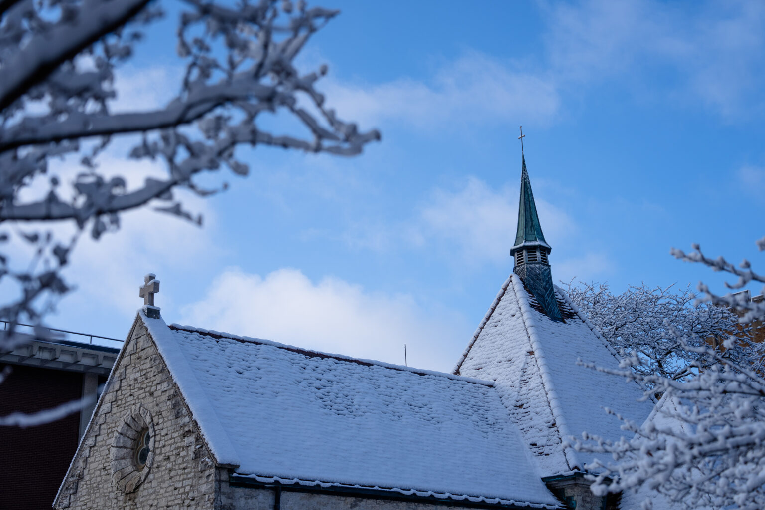 St. Joan of Arc is pictured on a snowy day.