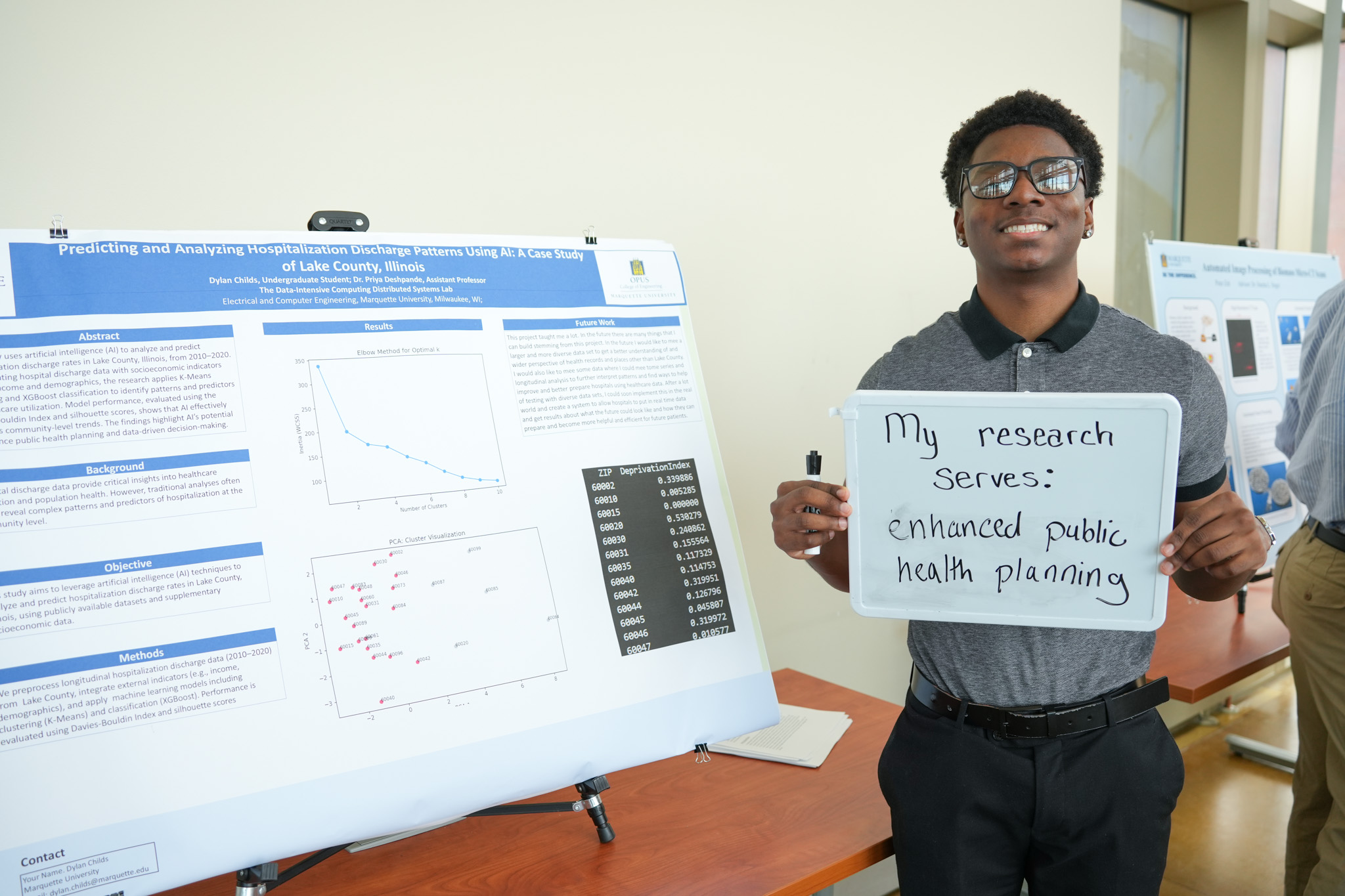 student holding a board that says "my research serves: enhanced public health planning" in front of a research poster