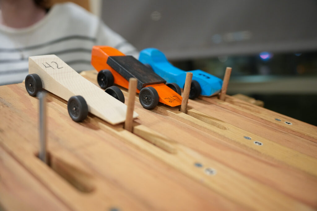 Pinewood derby cars at student event
